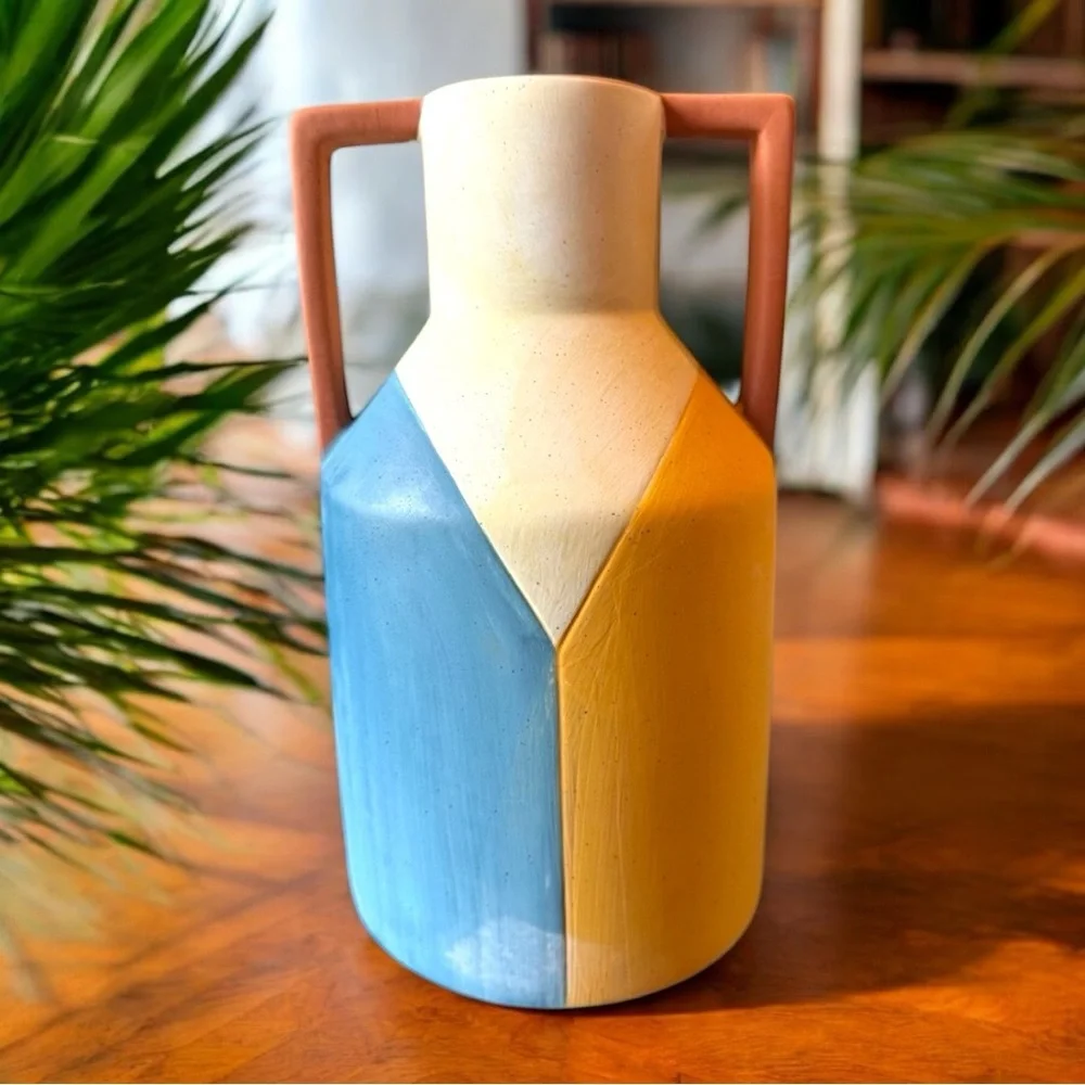 COCOLORIST Ceramic Vase w/ Handles Blue Yellow Cream - Handmade